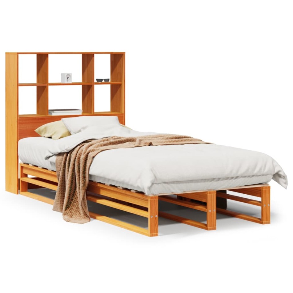 Cama con estantería sin colchón madera maciza marrón 75x190