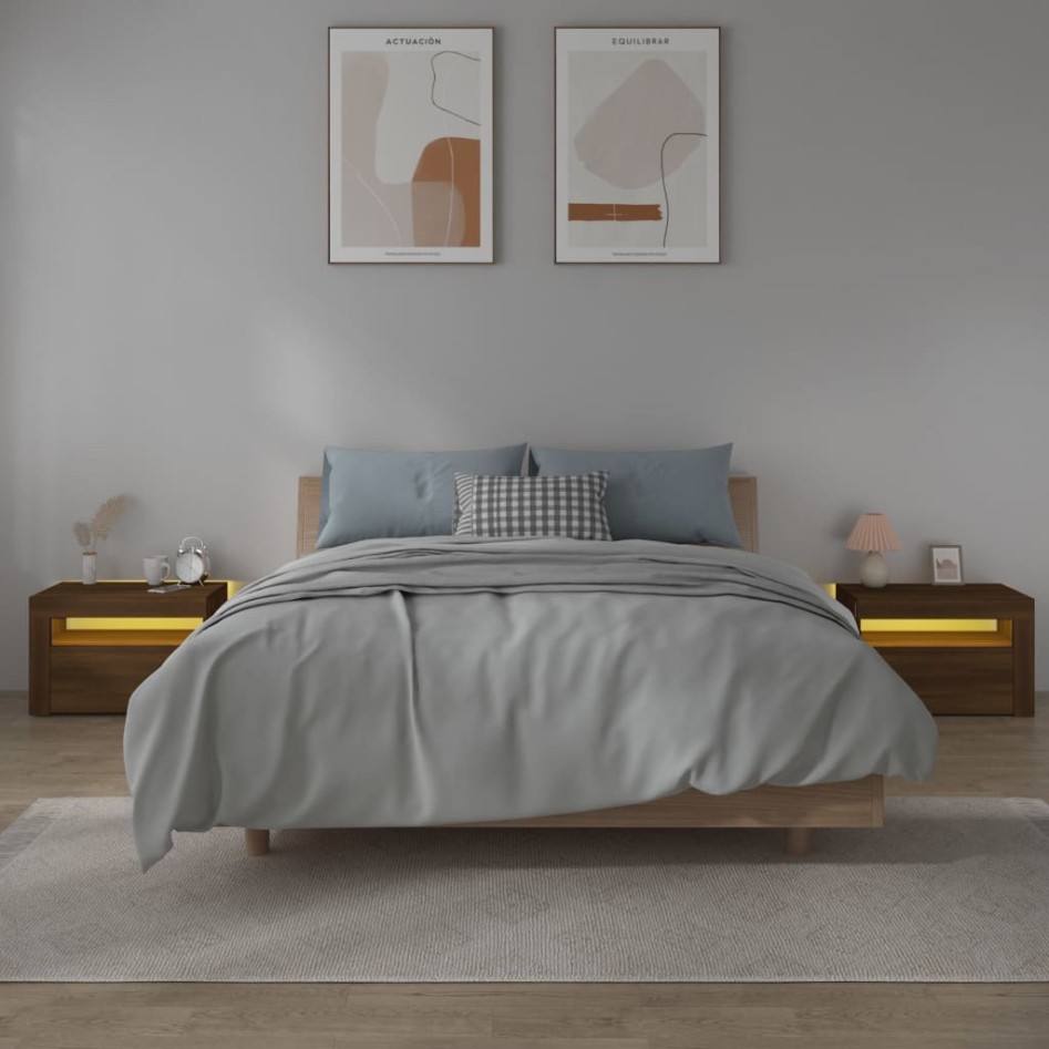 Mesitas de noche con LED 2 uds marrón roble 60x35x40