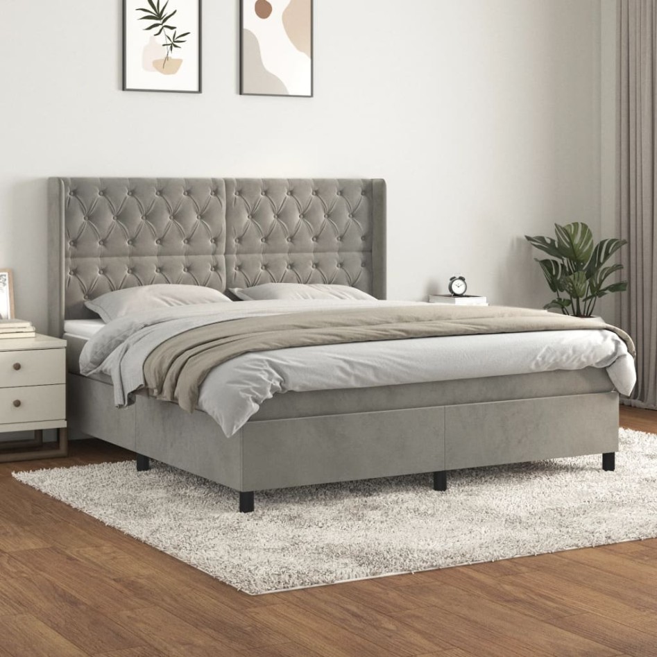 Cama box spring con colchón terciopelo gris claro 160x200