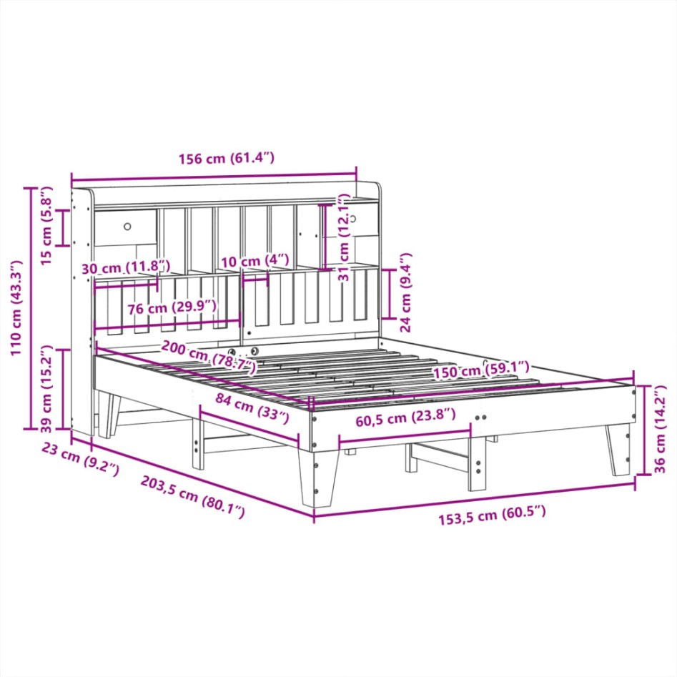 Estructura de cama sin colchón madera de pino blanca 150x200
