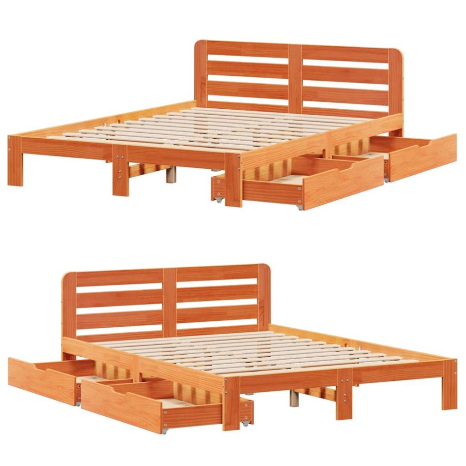 Cama sin colchón madera maciza de pino marrón cera 160x200