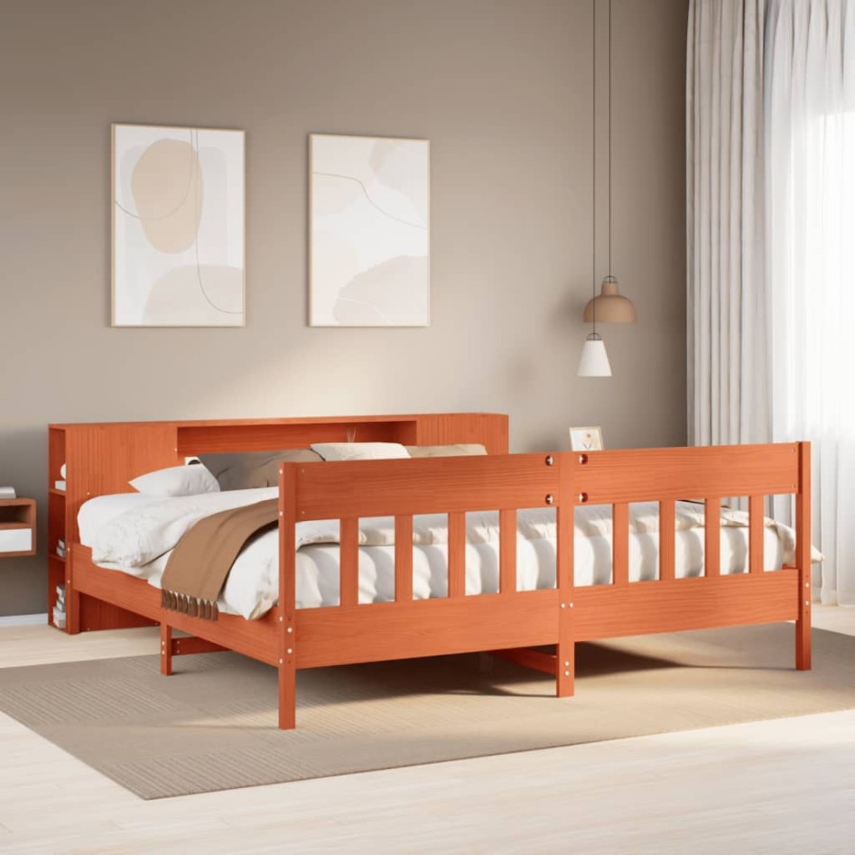Cama con estantería sin colchón madera maciza marrón