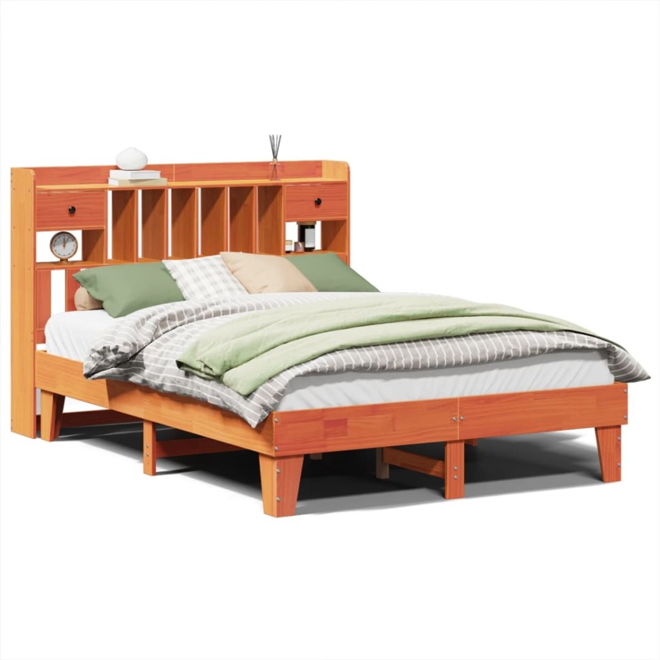 Cama sin colchón madera maciza de pino marrón cera 140x190