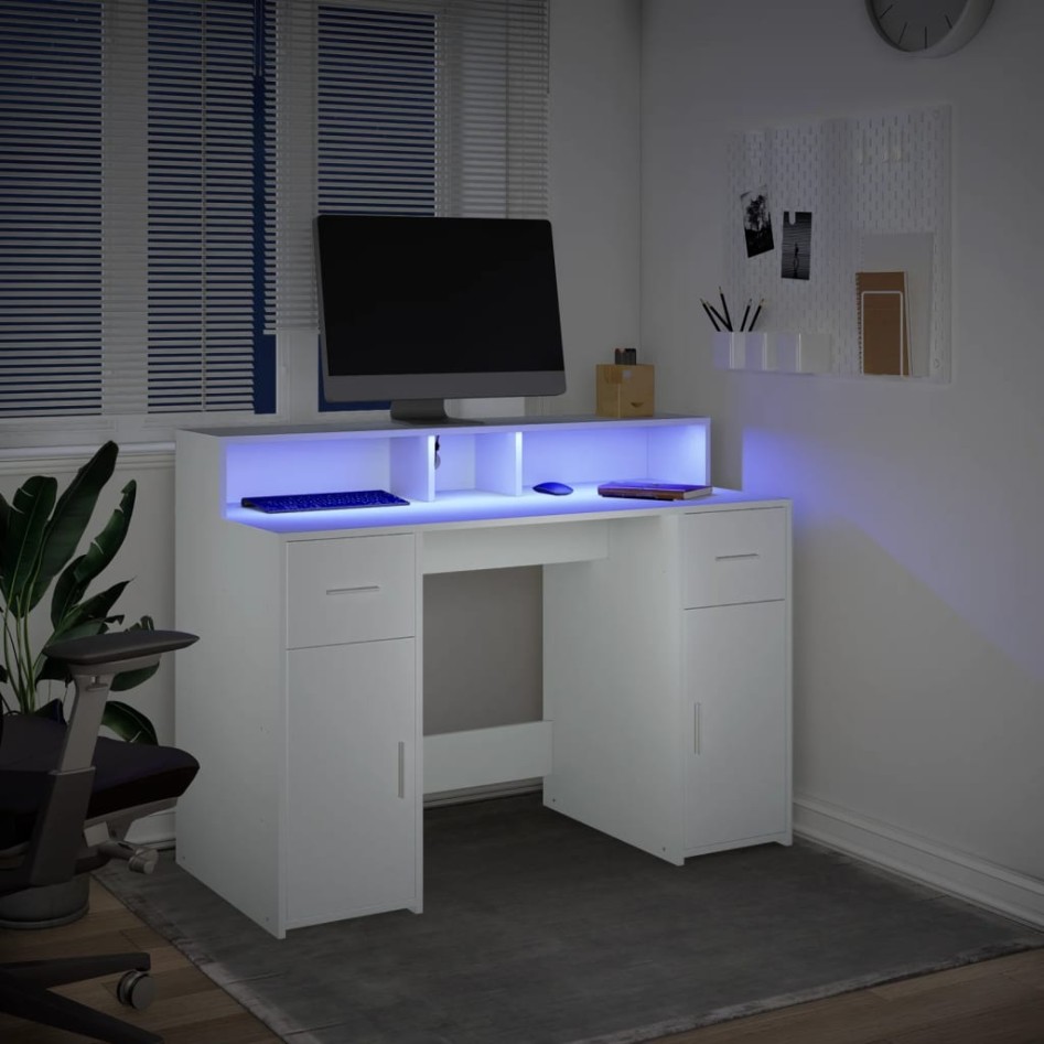 Escritorio con luz LED madera ingeniería blanco 120x55x91