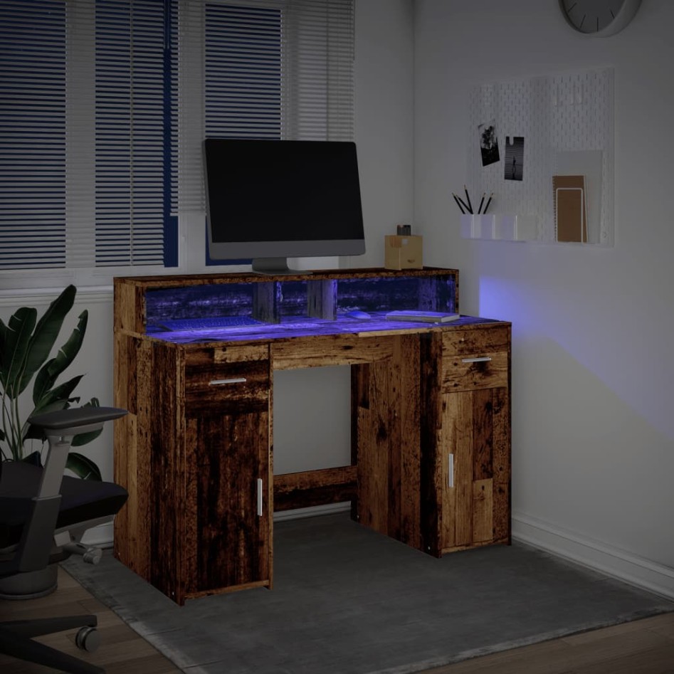 Escritorio con LED madera ingeniería envejecida 120x55x91