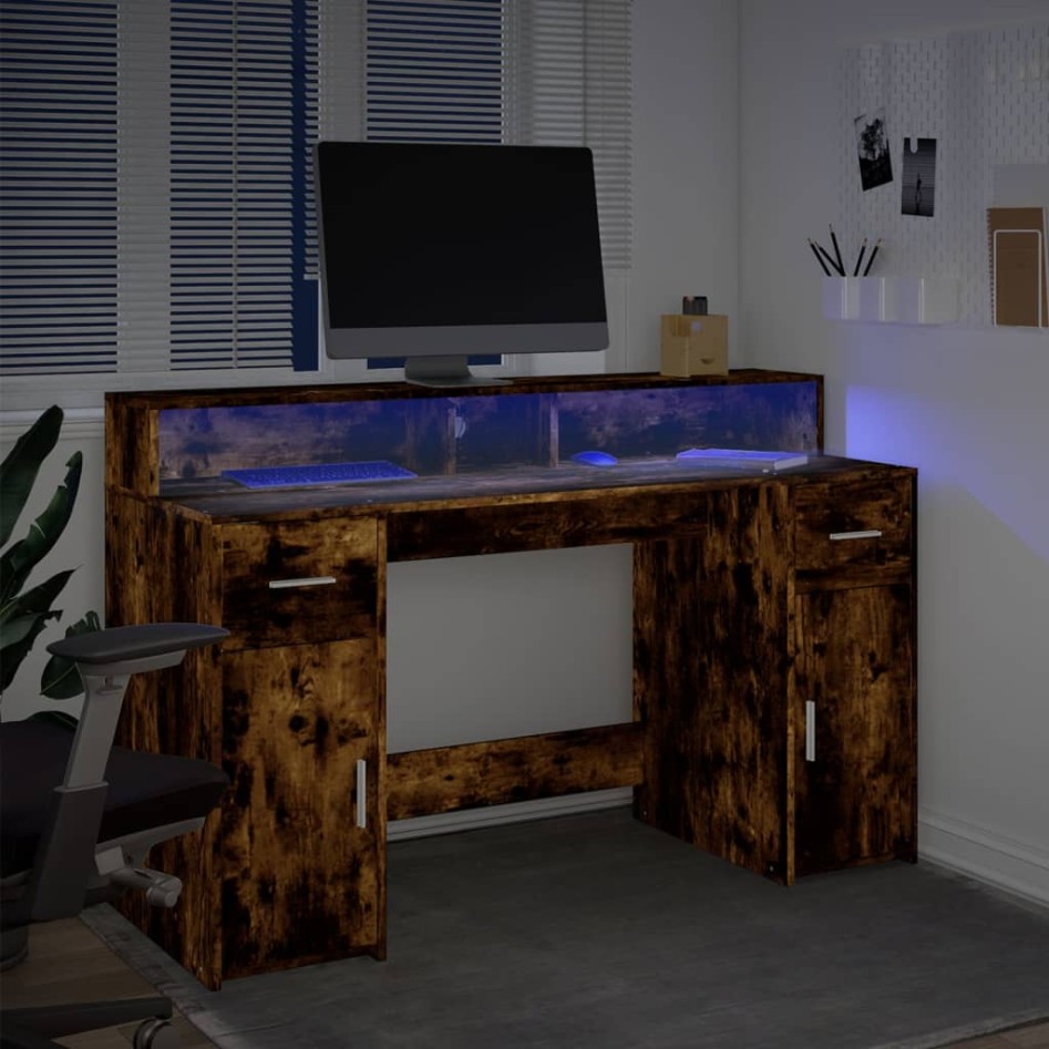 Escritorio con LED madera ingeniería roble ahumado 140x55x91