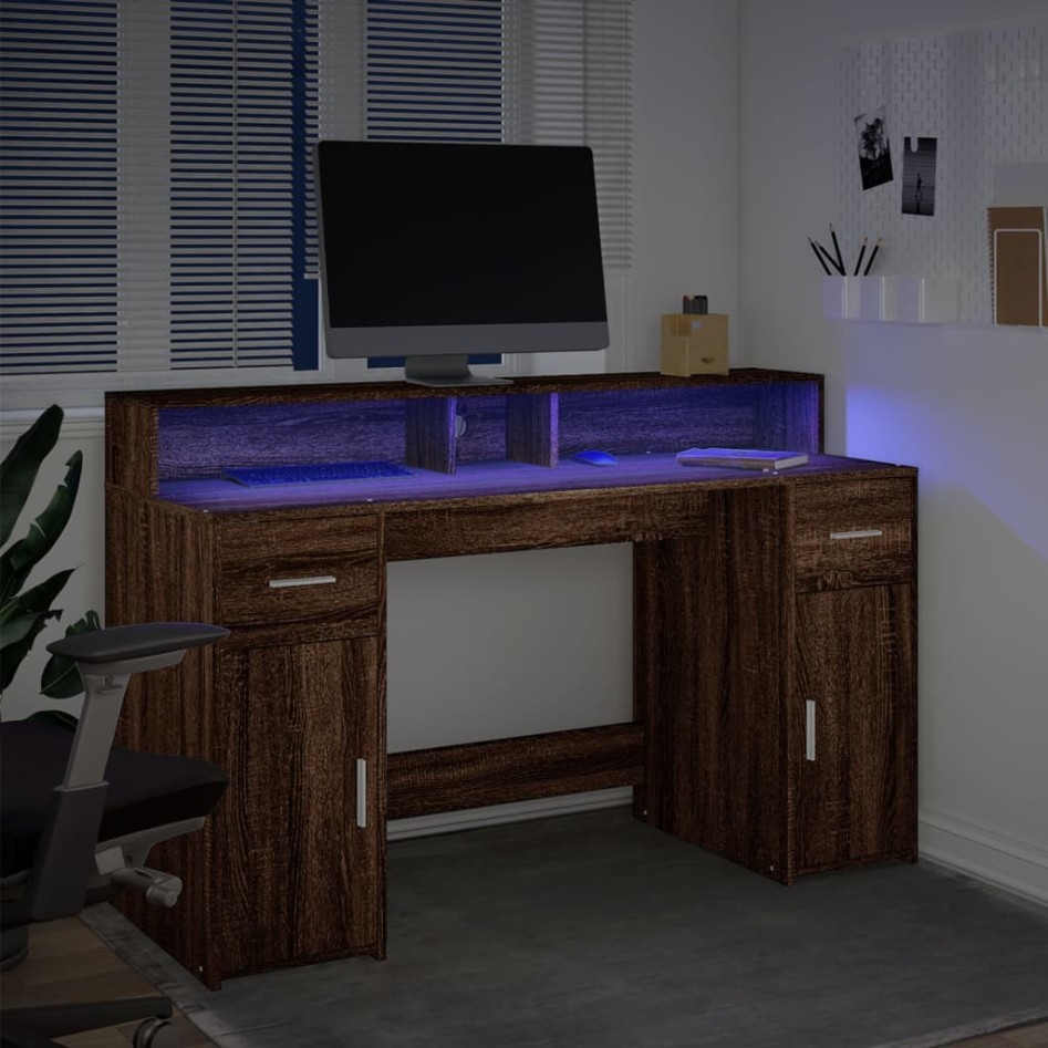 Escritorio con LED madera ingeniería marrón roble 140x55x91