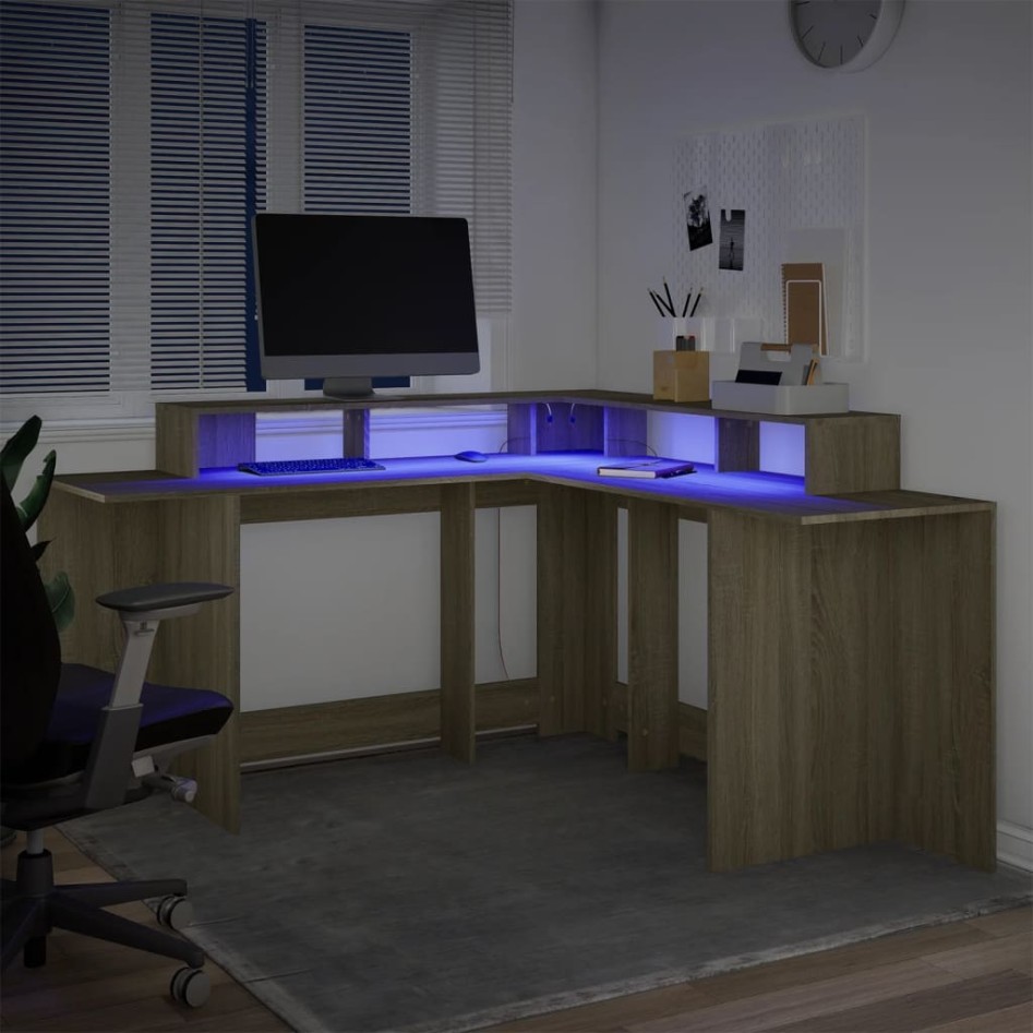 Escritorio con LED madera ingeniería roble Sonoma 152x152x91