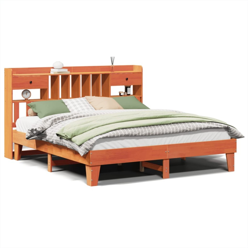 Cama sin colchón madera maciza de pino marrón cera 180x200