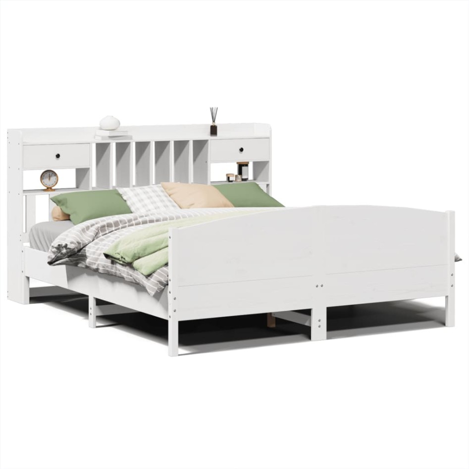 Cama con estantería sin colchón madera maciza blanca 180x200