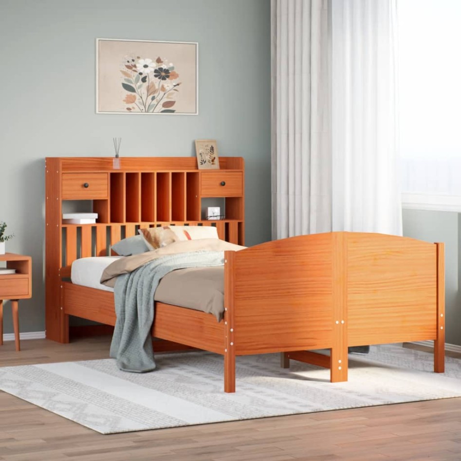 Cama con estantería sin colchón madera maciza marrón