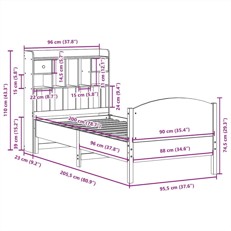 Sofá con estantería sin colchón madera maciza marrón 90x200