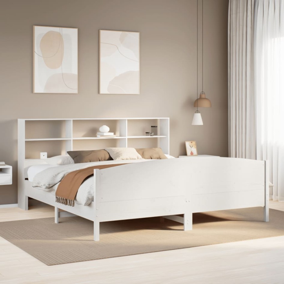 Cama con estantería sin colchón madera maciza blanca 200x200