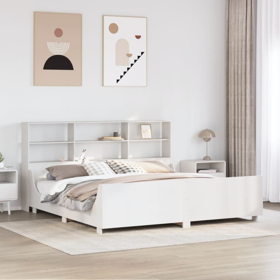 Cama con estantería sin colchón madera maciza blanca 200x200