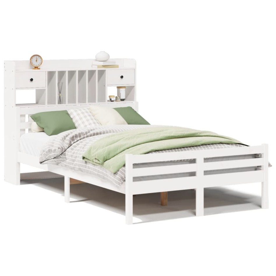 Cama con estantería sin colchón madera maciza blanca 135x190