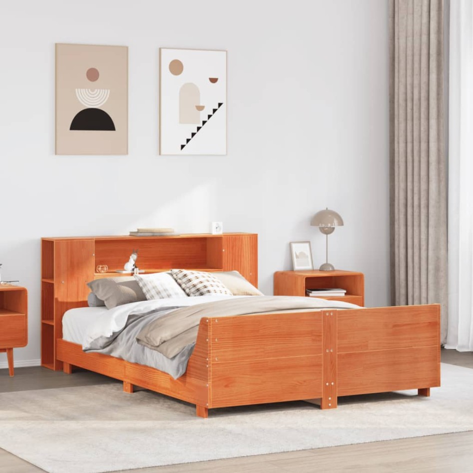 Cama sin colchón madera maciza de pino marrón cera 160x200