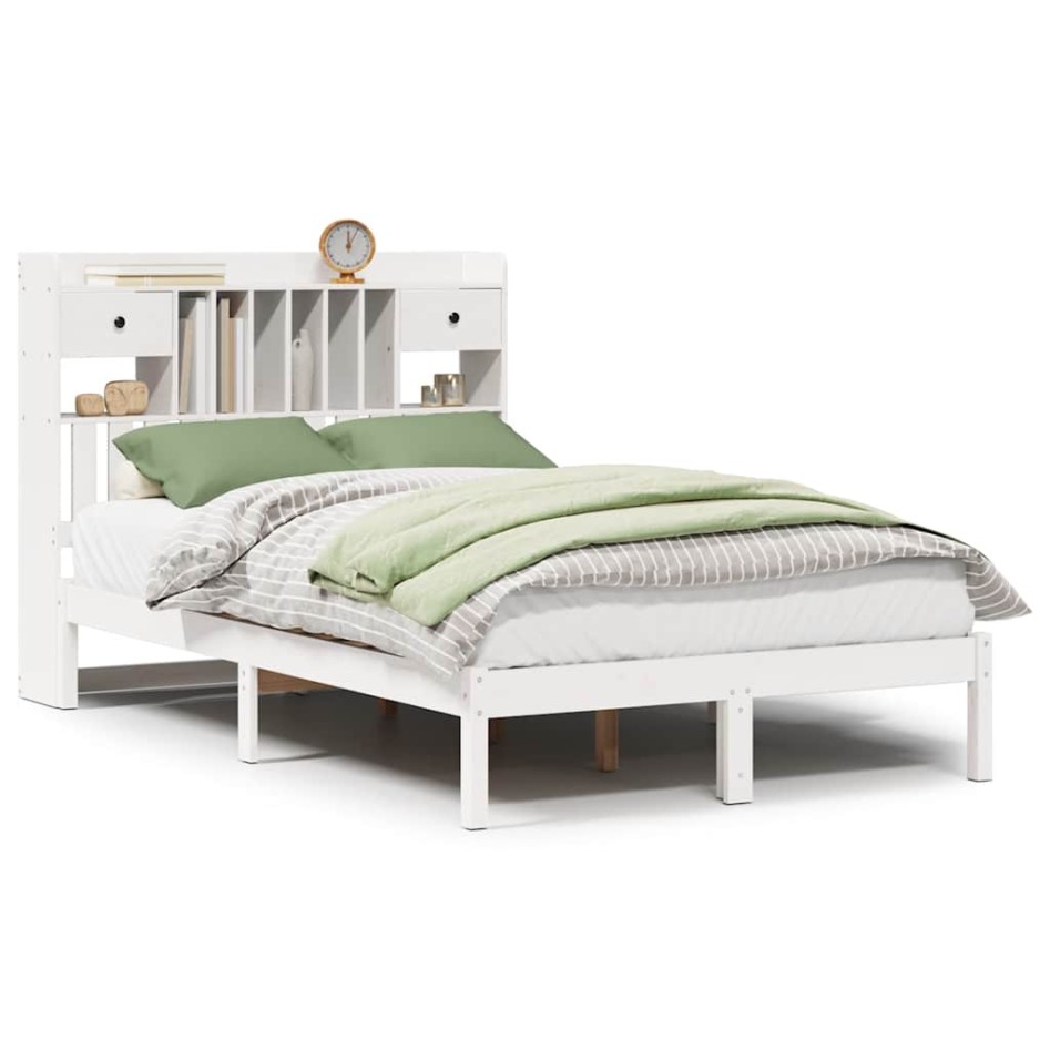 Cama con estantería sin colchón madera maciza blanca 135x190