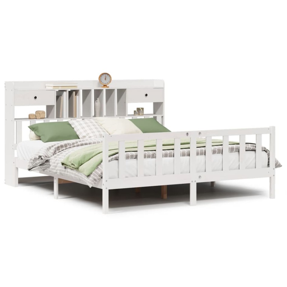 Cama con estantería sin colchón madera maciza blanca 180x200