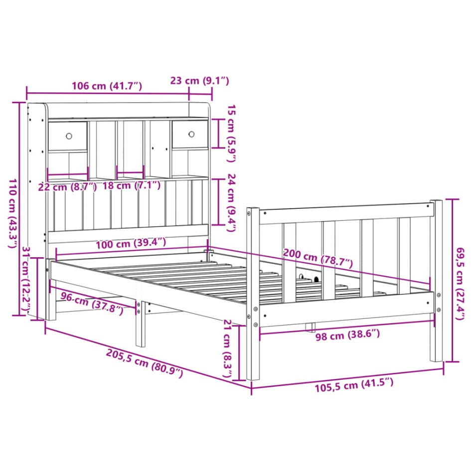 Cama con estantería sin colchón madera maciza marrón 100x200