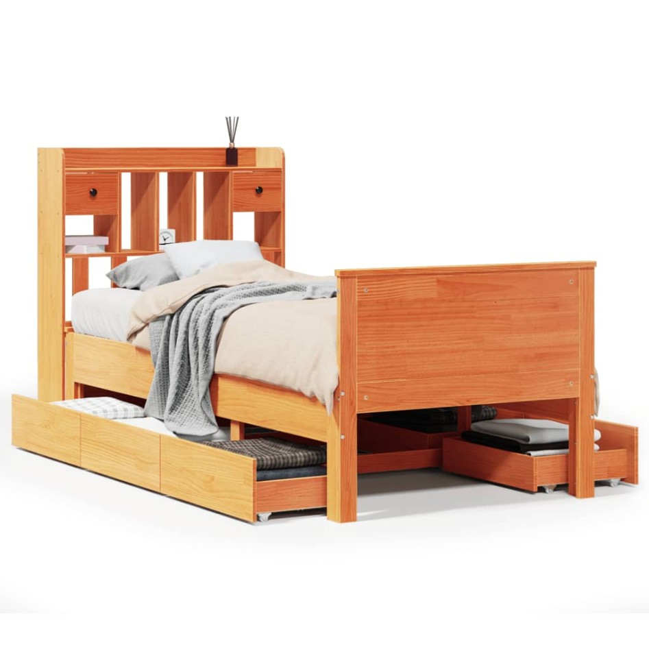 Cama con estantería sin colchón madera maciza marrón 90x190