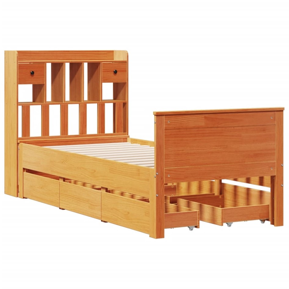 Cama con estantería sin colchón madera maciza marrón 90x190