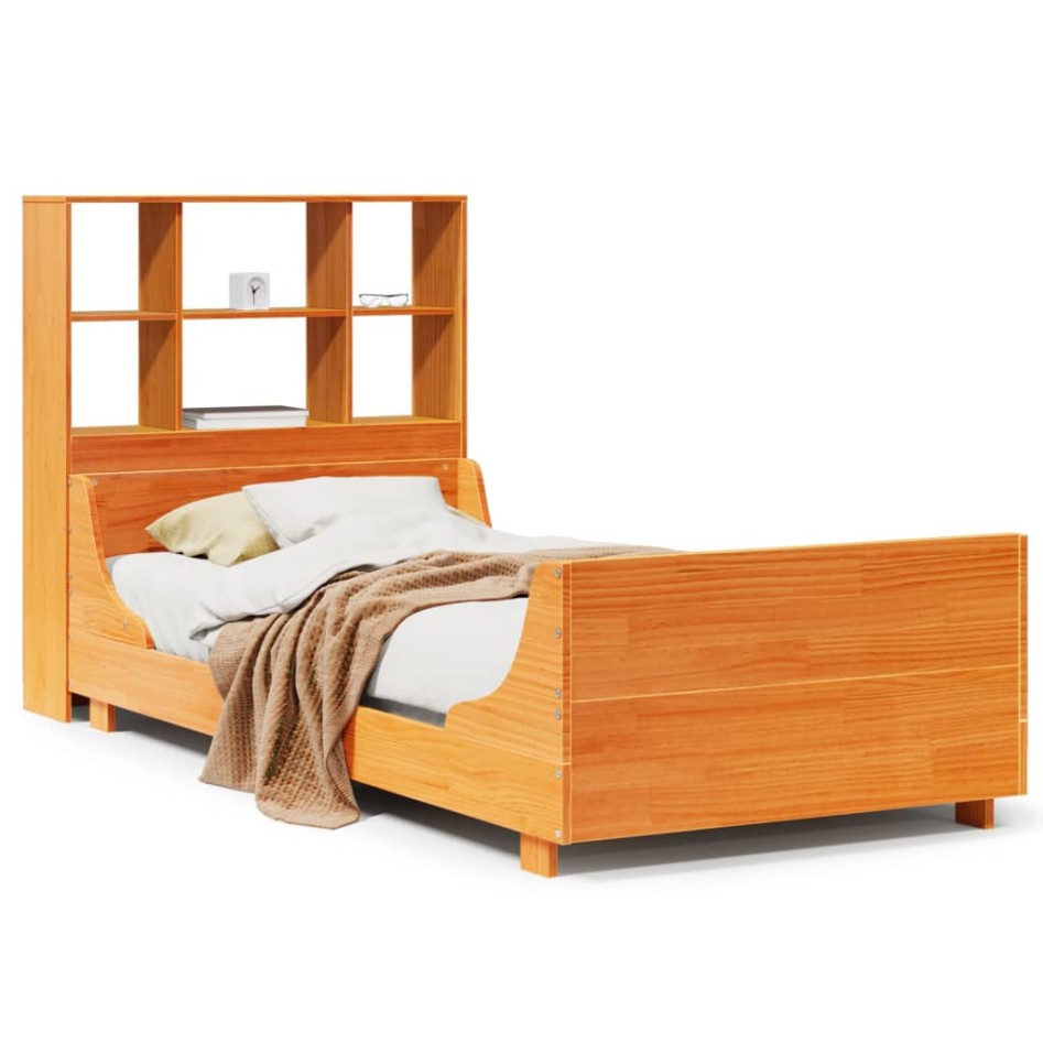 Cama con estantería sin colchón madera maciza marrón 75x190