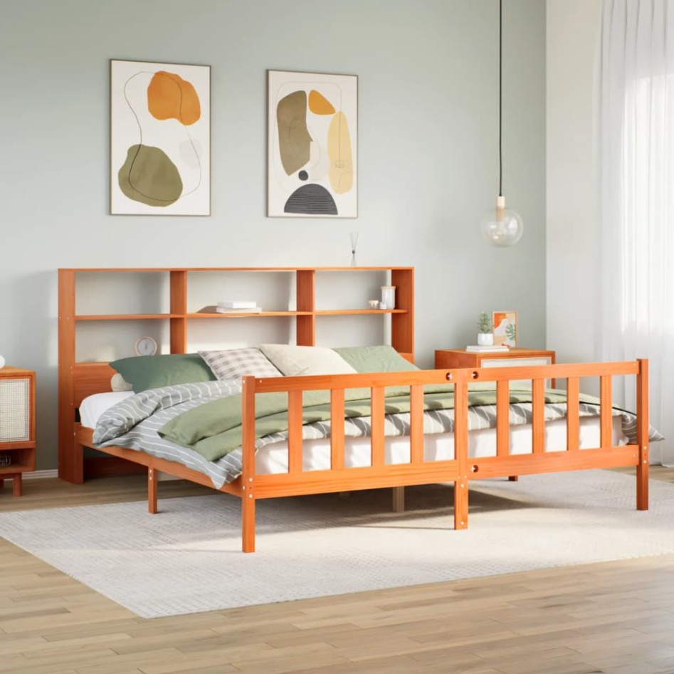 Cama con estantería sin colchón madera maciza marrón
