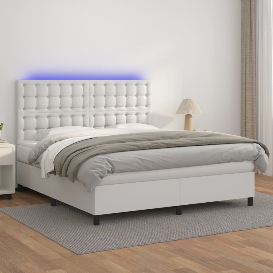 Cama box spring colchón y LED cuero sintético blanco 180x200
