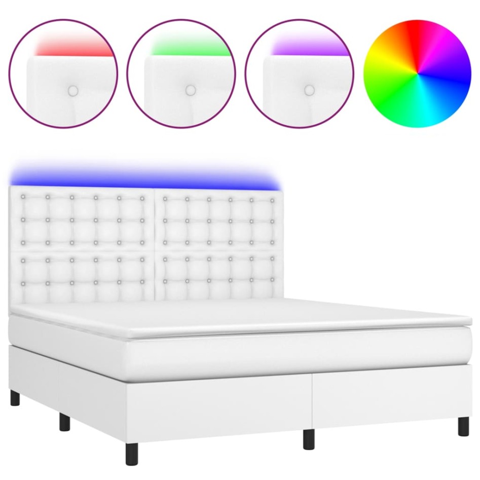 Cama box spring colchón y LED cuero sintético blanco 180x200