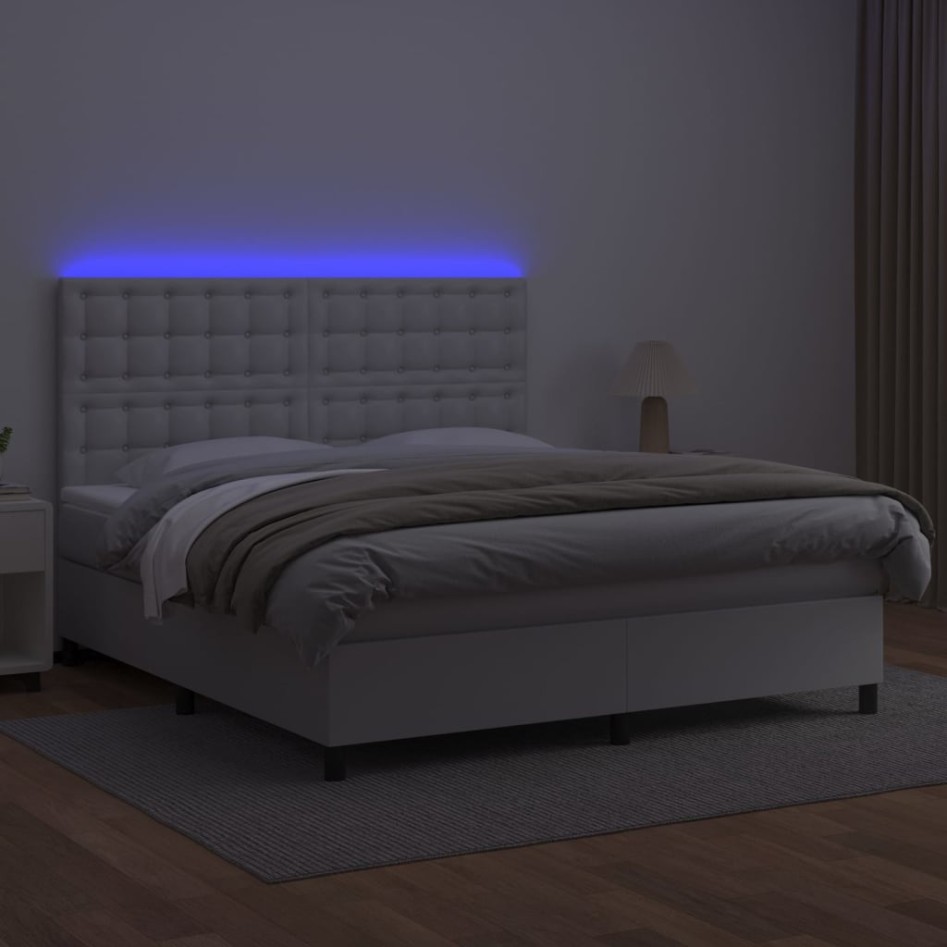 Cama box spring colchón y LED cuero sintético blanco 180x200