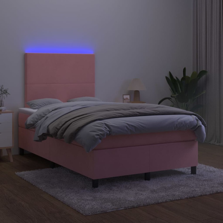 Cama box spring colchón y LED terciopelo rosa 120x200
