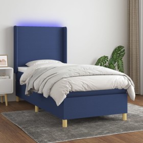 Cama box spring colchón y luces LED tela azul 90x200