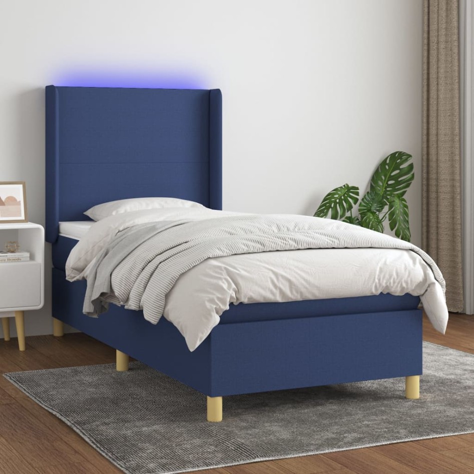 Cama box spring colchón y luces LED tela azul 90x200