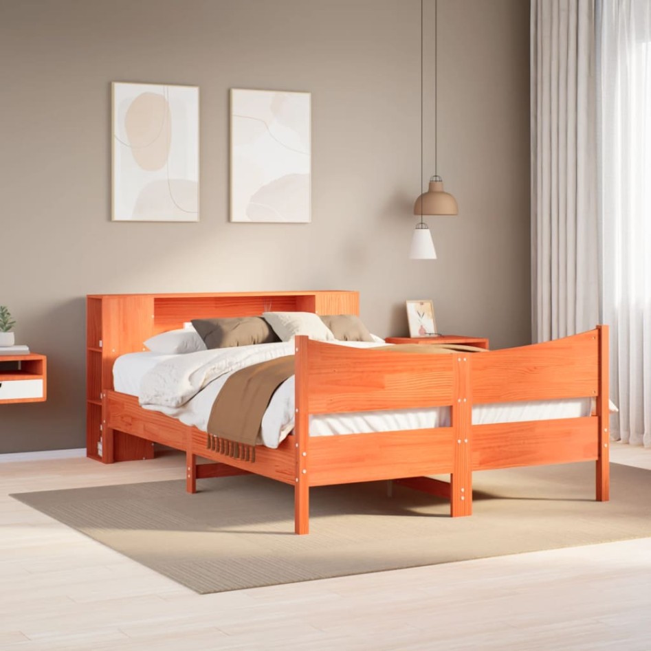 Cama sin colchón madera maciza de pino marrón cera 140x200