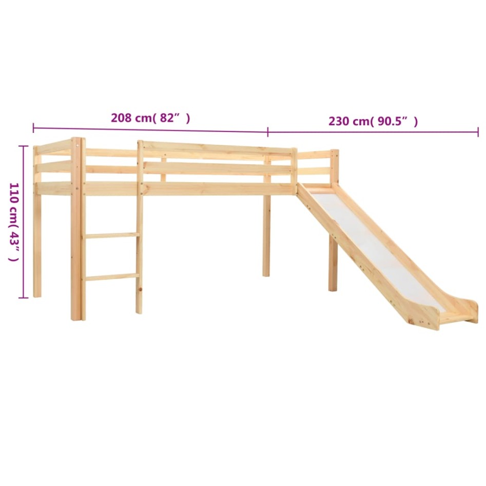 Cama alta para niños tobogán y escalera madera pino 97x208