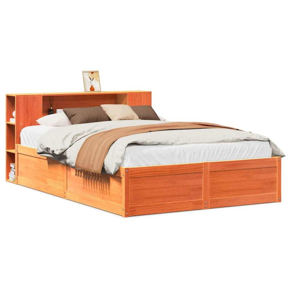 Cama sin colchón madera maciza de pino marrón cera 140x200