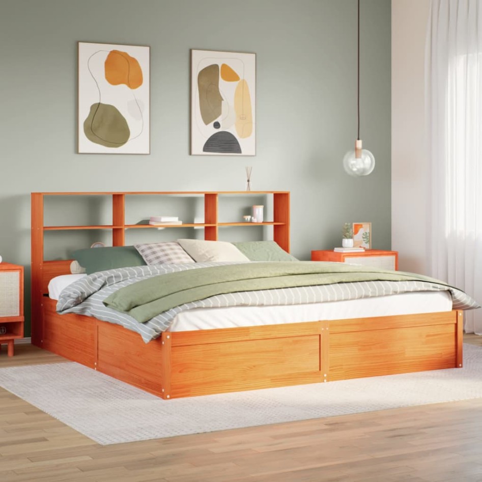 Cama sin colchón madera maciza de pino marrón cera 200x200
