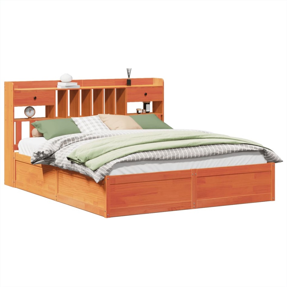 Cama sin colchón madera maciza de pino marrón cera 180x200