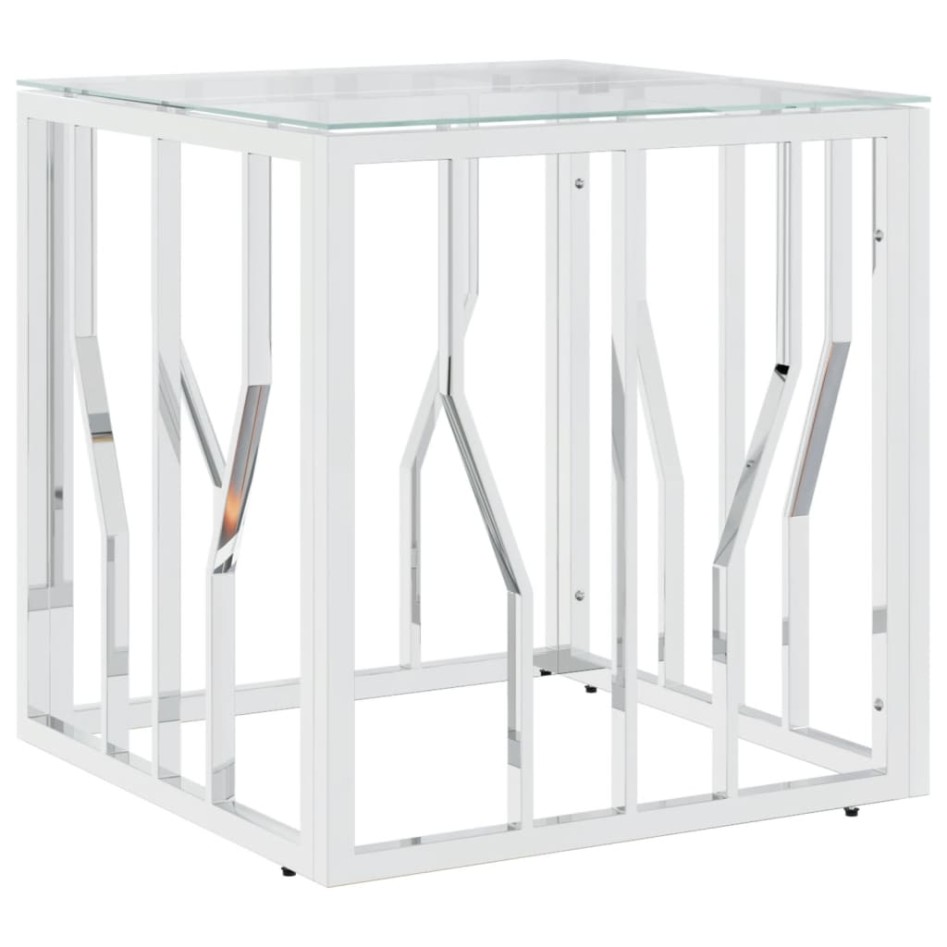 Mesa de centro acero inoxidable y vidrio plateada 50x50x50