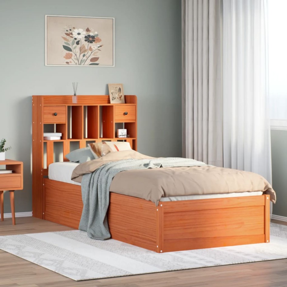 Cama sin colchón madera maciza de pino marrón cera 100x200