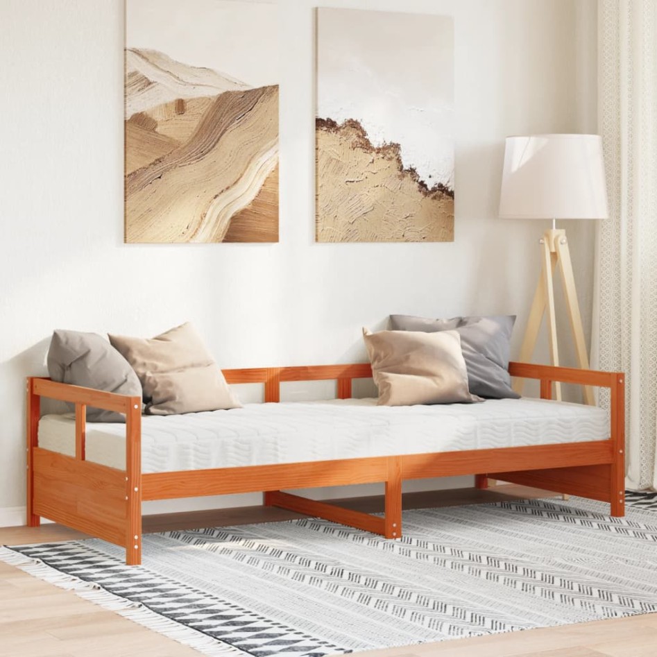 Sofá cama con colchón madera maciza pino marrón cera 80x200