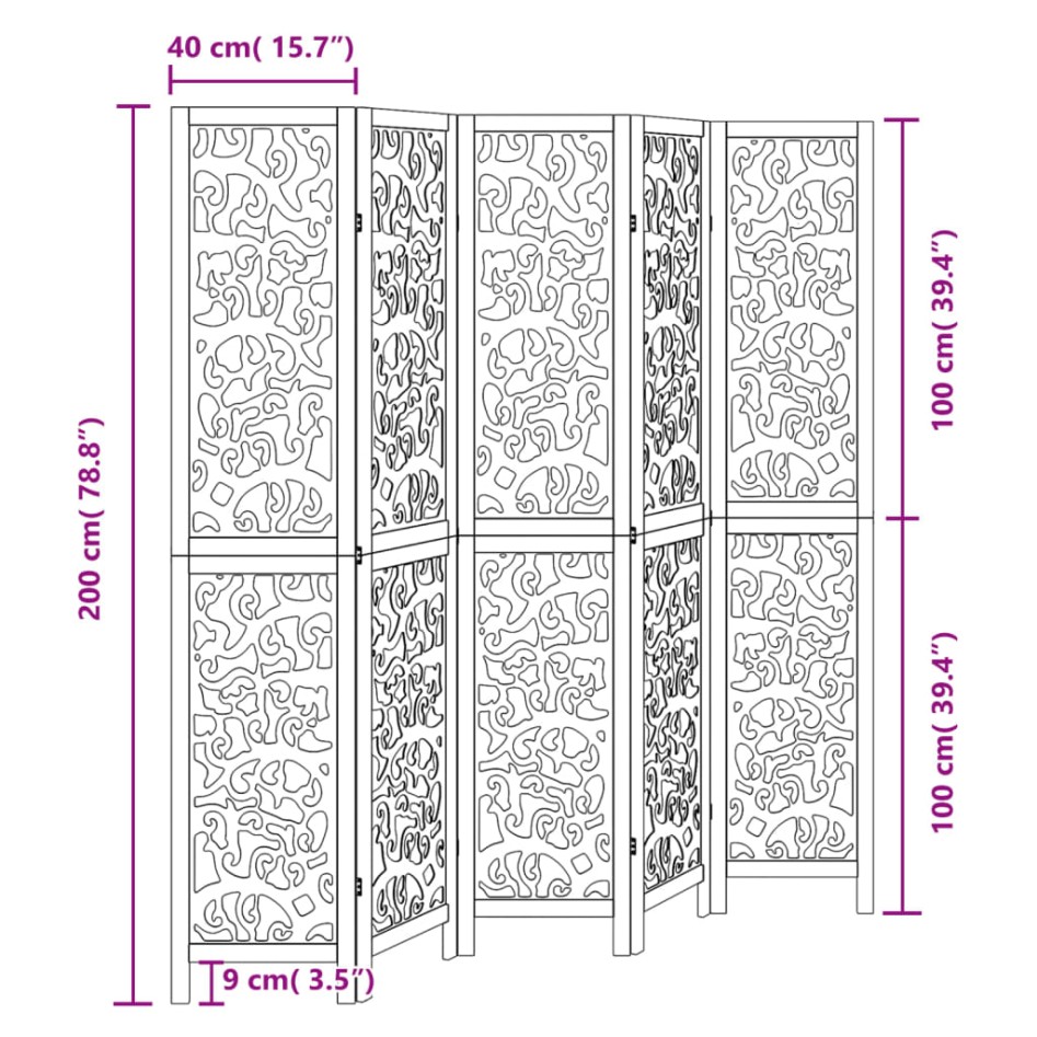 Biombo separador de 5 paneles madera maciza Paulownia