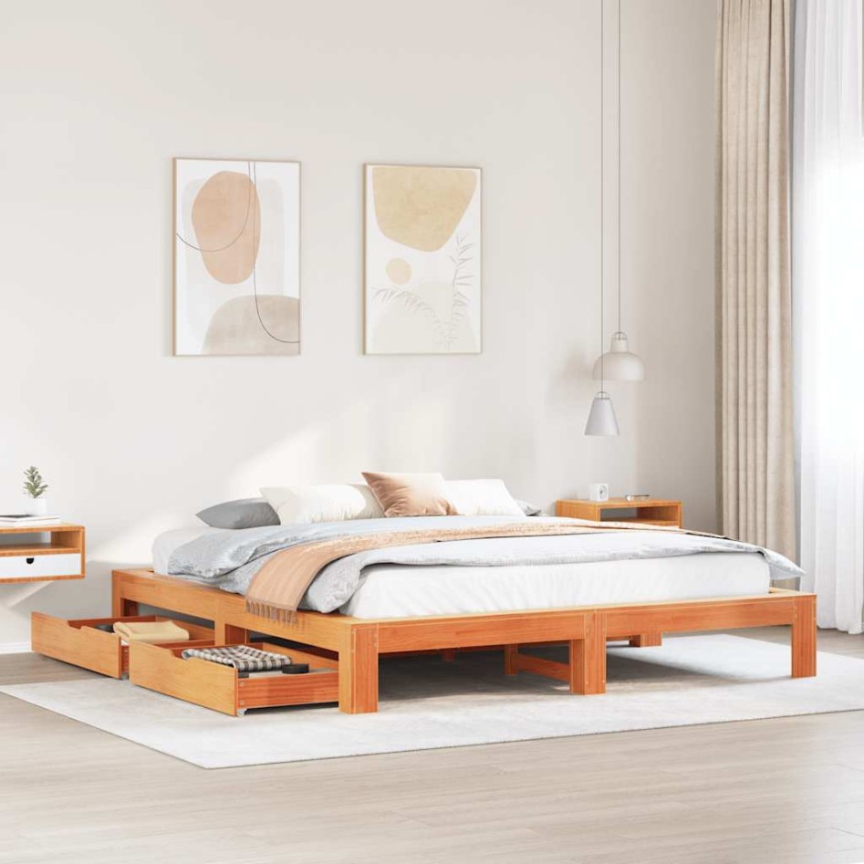 Cama sin colchón madera maciza de pino marrón cera 180x200