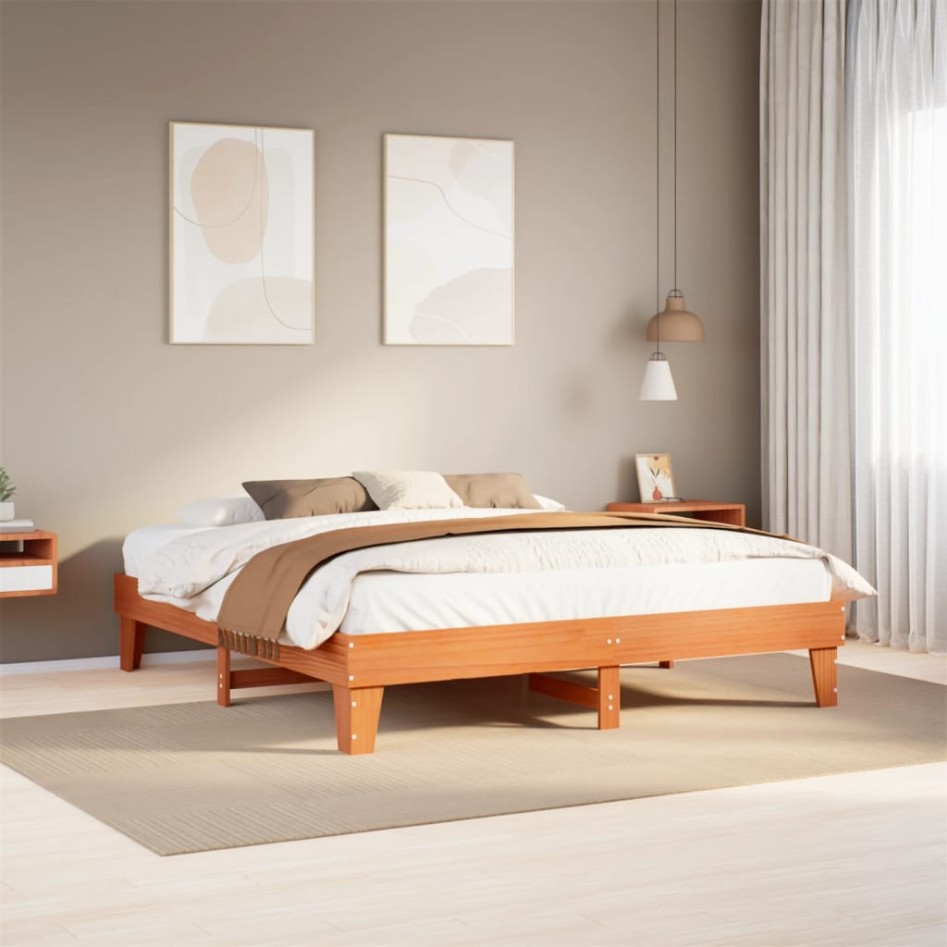Cama sin colchón madera maciza de pino marrón cera 200x200