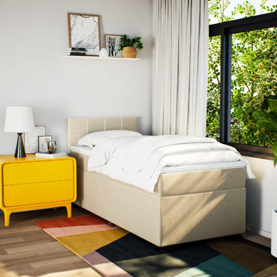 Cama box spring con colchón tela color crema 90x200