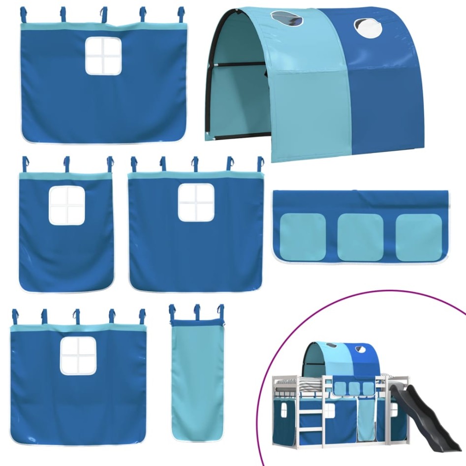 Litera con tobogán y cortinas azul 90x200