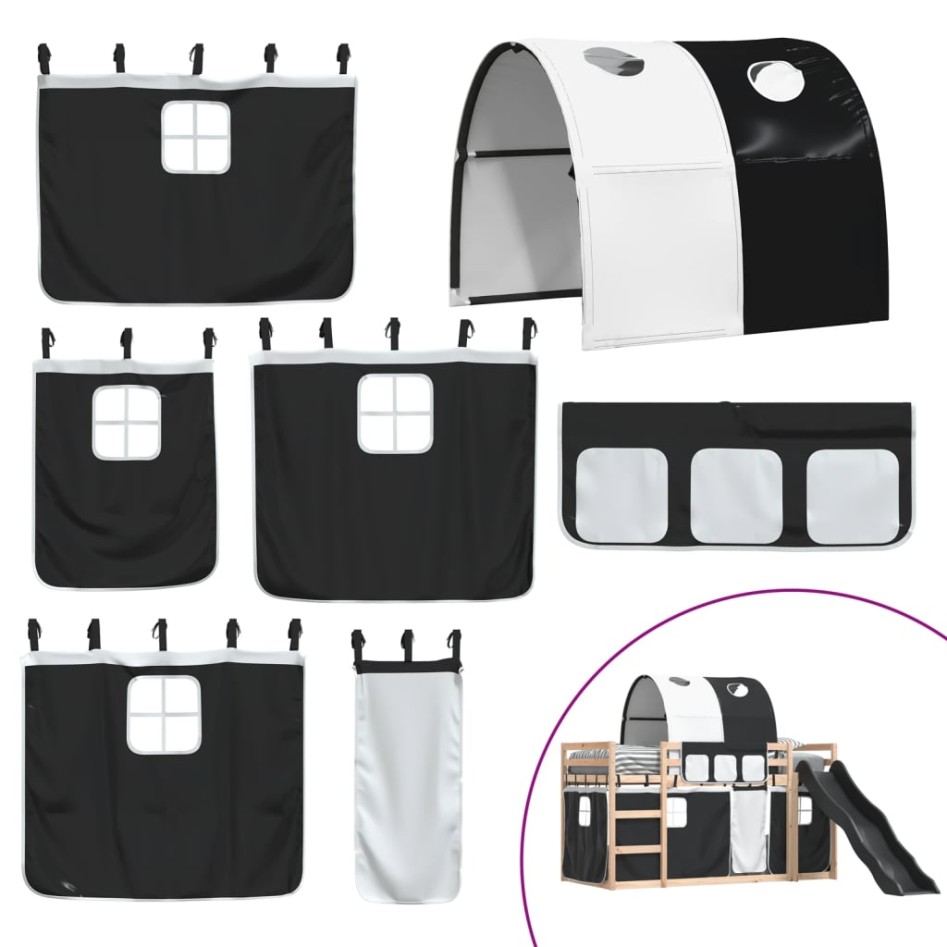 Litera con tobogán y cortinas blanco y negro 90x190