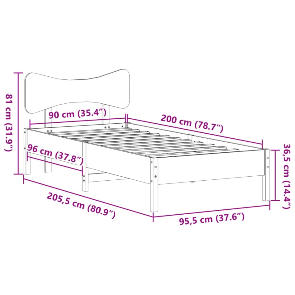 Estructura de cama sin colchón madera de pino blanca 90x200