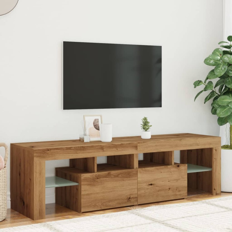 Mueble de TV luces LED madera roble artisan 140x36,5x40