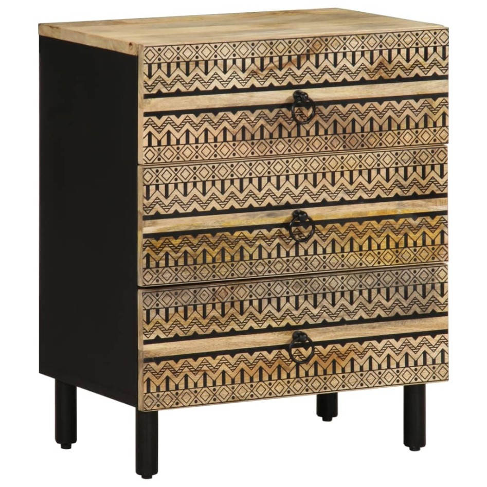 Mesita de noche madera maciza de mango rugosa negro 50x33x62